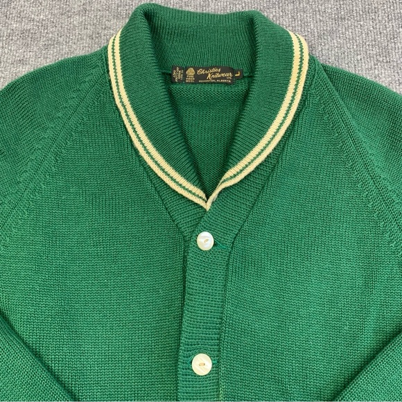 Vintage 100% Wool Varsity Style Green Cardigan with White Trim - Picture 2 of 5